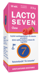 Lacto Seven Chew - ksylitoli-maitohappobakteeri-D3-vitamiini purutabletti 50 tabl. - Sinunapteekki.fi