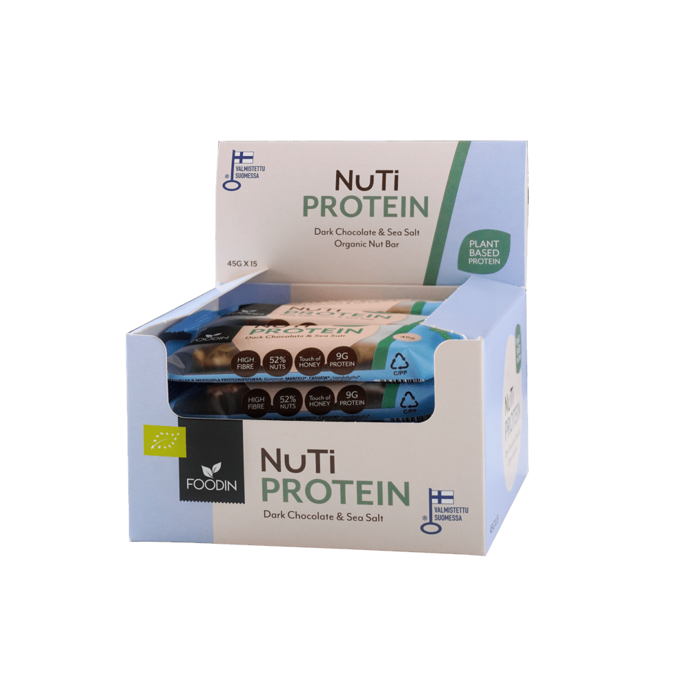 Foodin NUTI Protein Dark Chocolate & Sea Salt - Proteiinipähkinäpatukka 45 g x 15 kpl TUKKUPAKKAUS