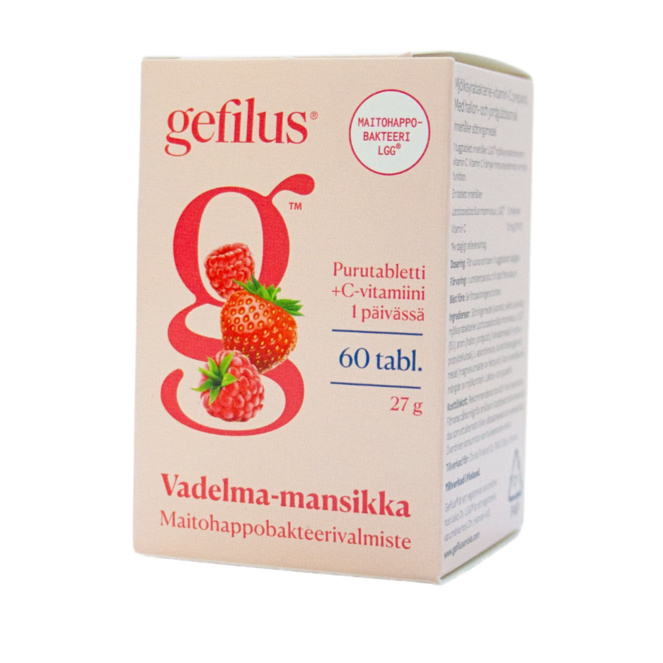 Gefilus Maitohappobakteeri Purutabletti - Vadelma & Mansikka 60 tabl. - Sinunapteekki.fi