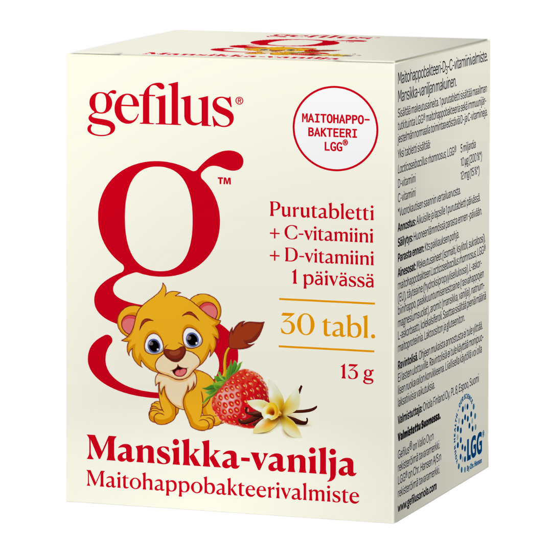 Gefilus + D + C Mansikka-Vanilja - Maitohappobakteerivalmiste 30 purutablettia - Sinunapteekki.fi