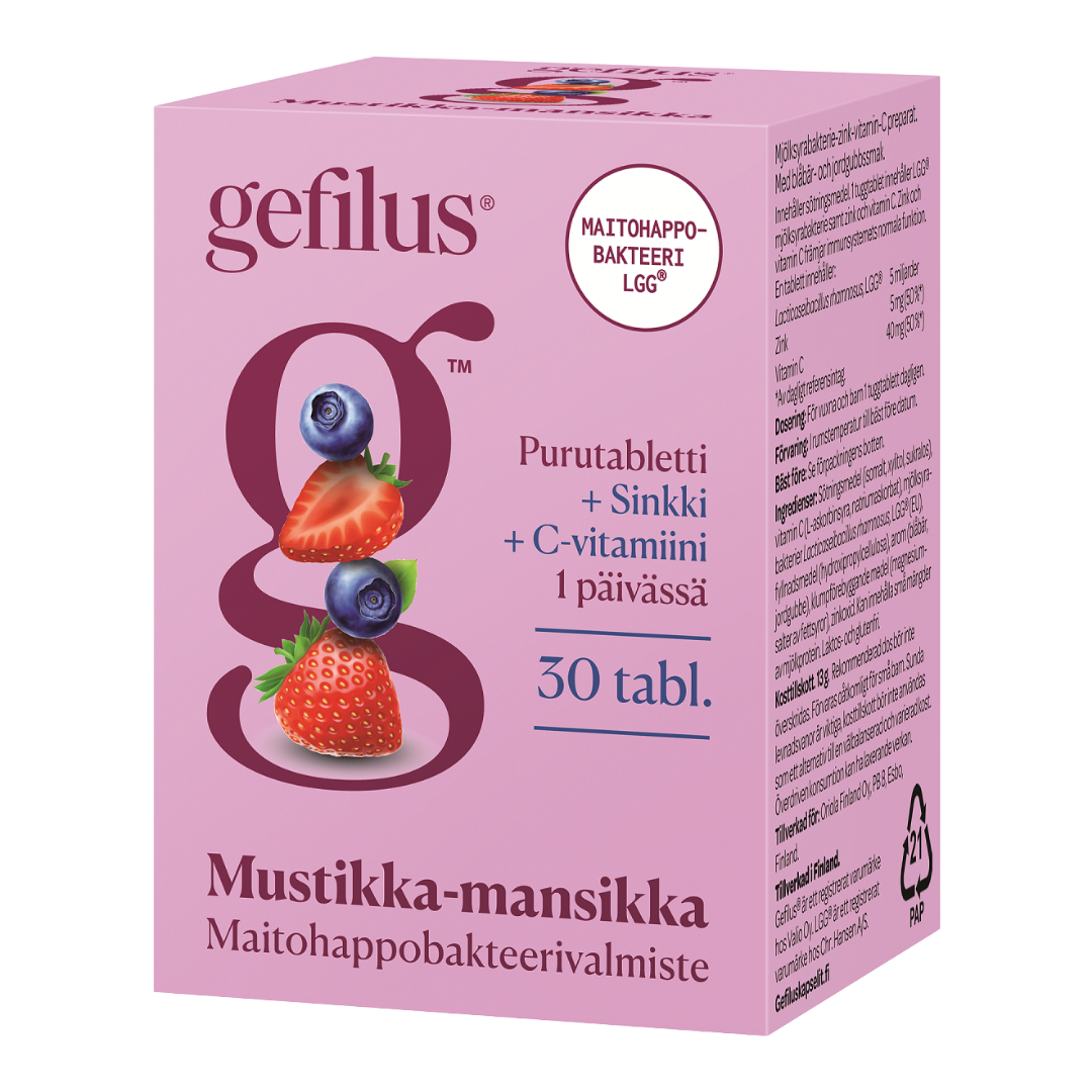 Gefilus Maitohappobakteeri Mustikka-Mansikka Purutabletti 30 tabl. - Sinunapteekki.fi