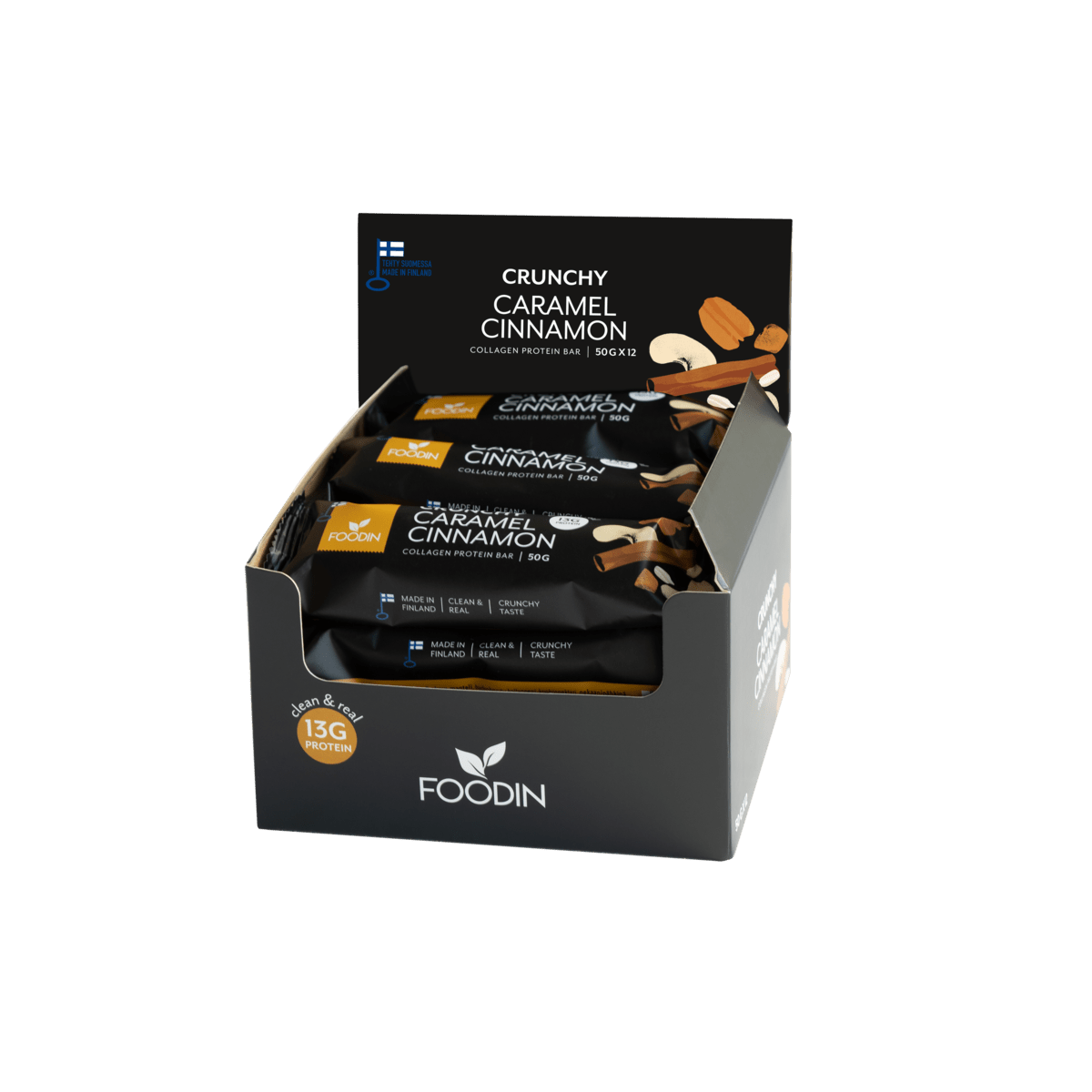 Foodin Crunchy Collagen Protein Bar Caramel Cinnamon - Kollageeniproteiinipatukka Tukkupakkaus 12 x 50g - Sinunapteekki.fi